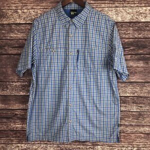 KOPPEN Men Button Up Short‎ Sleeve Vent Shirt Blue Plaid Nylon Hiking Fish Large